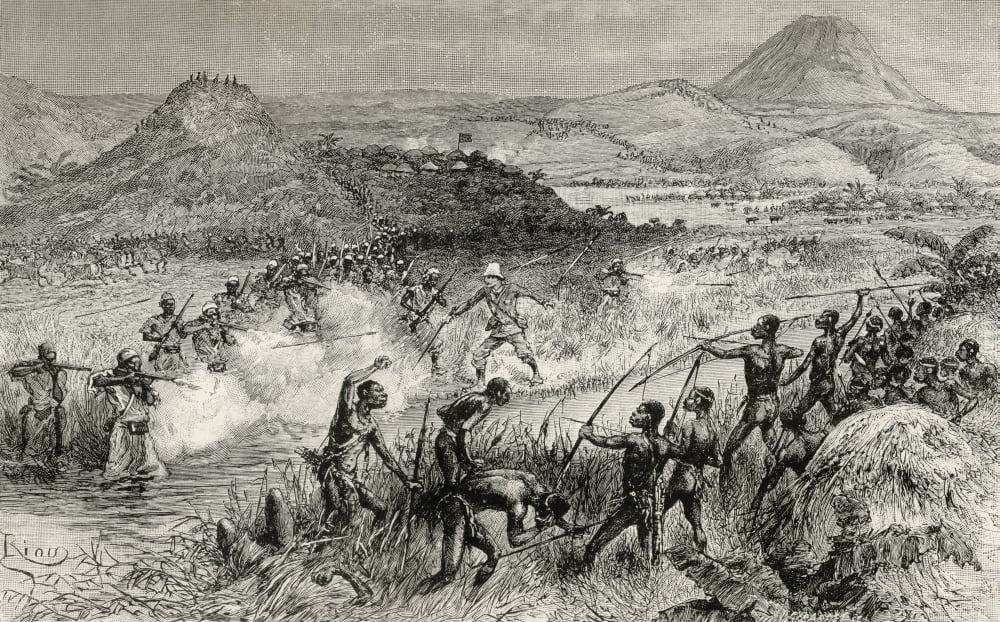 Sir Henry Morton Stanleys First Encounter With The Mazamboni People During His Emin Pasha Relief Expedition In Africa 1886 To 1889 From In Darkest Africa By Henry M Stanley Published 1890 Canvas Art -