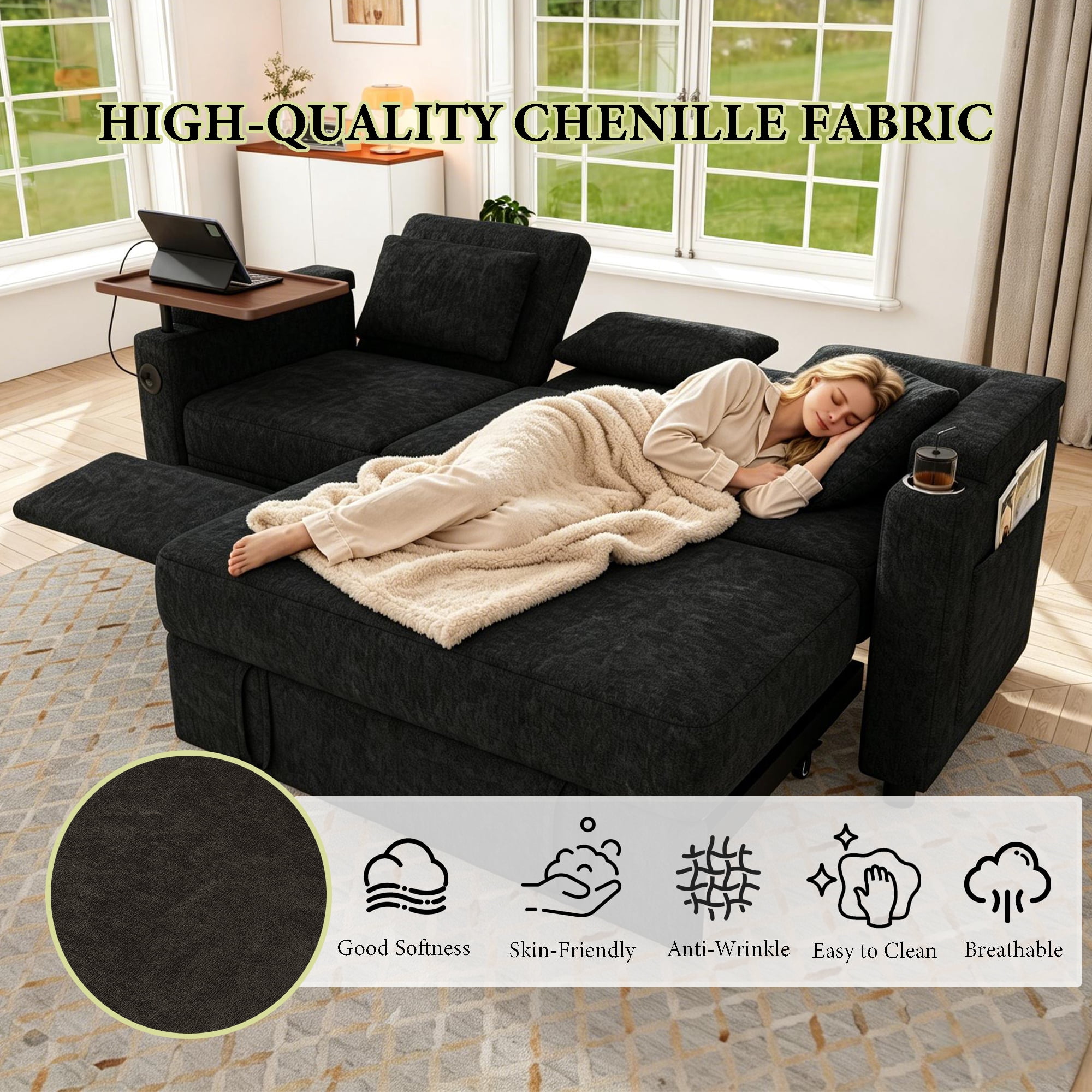 83" 3-in-1 Chenille Foldable Sofa Bed with Electric Chair,USB Ports,Table Board,Storage Armrests & Adjustable Backrest,3-Seater Sleeper,Black
