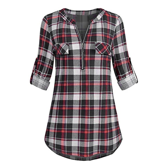 LIJCC Women'S Plaid Print Shirt Tops Sleeve Plaid V-Neck Casual Zipped Rolled Tops Shirt Printed Blouse Womens Tunic Women'S Blouse