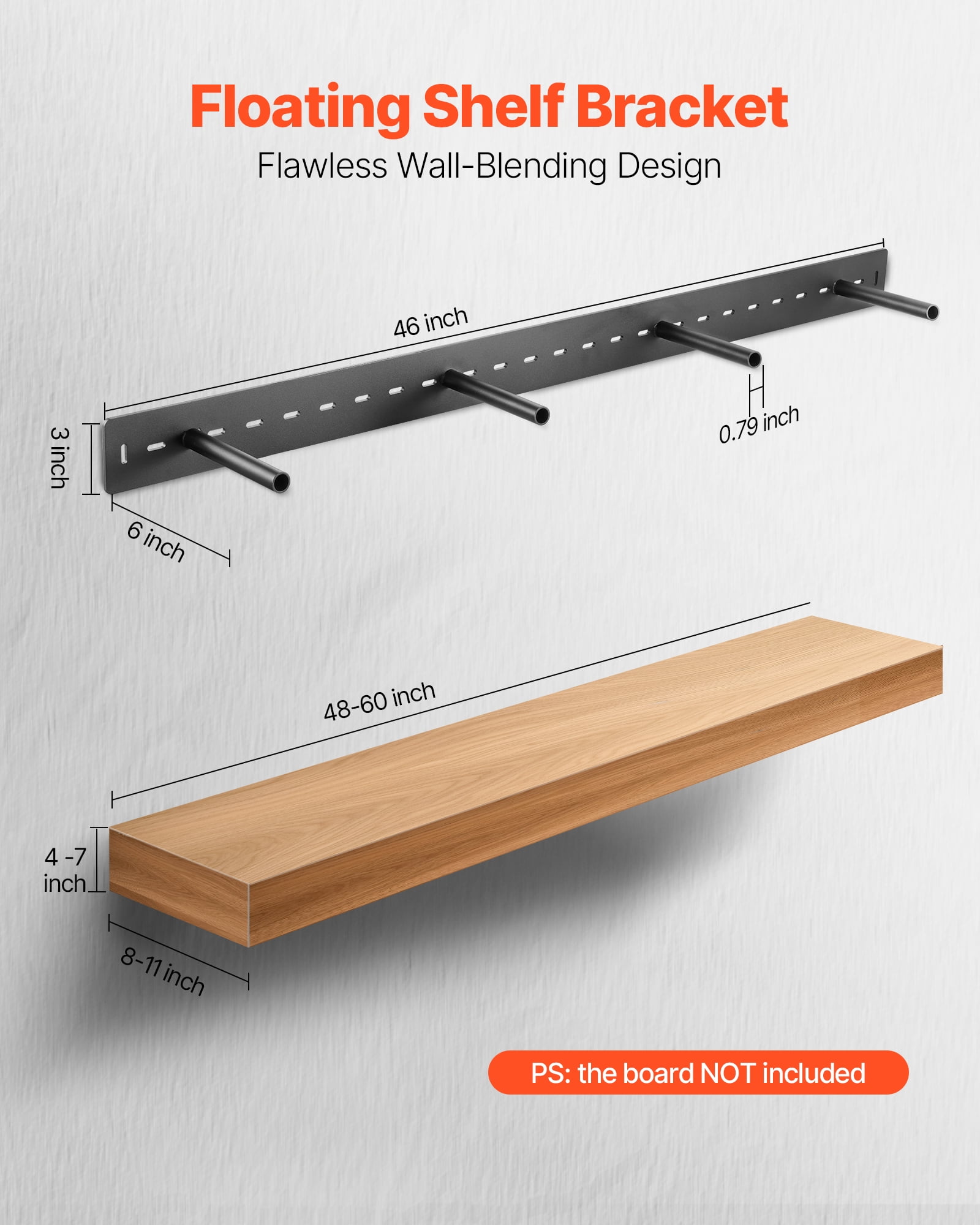 VEVOR Floating Shelf Bracket 1 Pack, 230 lbs/104 kg Weight Capacity, 46x6.2x3 inch / 1168.4x157.4x76.2 mm, Heavy Duty Hidden Shelf Brackets Support, Wall Mounting Invisible Floating Shelves Bracket