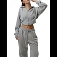 thumbnail image 3 of Conjunto Deportivo para Mujer: Sudadera con Capucha y Cremallera de Larga con Pantalones de Color Liso con Cordones - Conjunto de Dos Piezas Gris M, 3 of 7