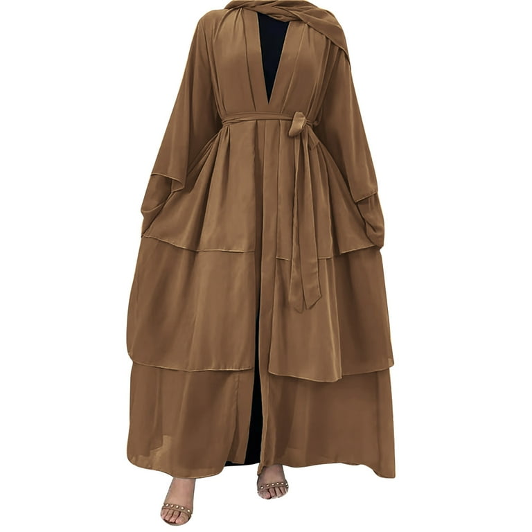 Ibtom Castle Muslim Chiffon Abaya for Women Open Front Cardigan Modest Dress with Hijab Scarf Middle East Arabian Robe Islamic Long Dress XXL Brown