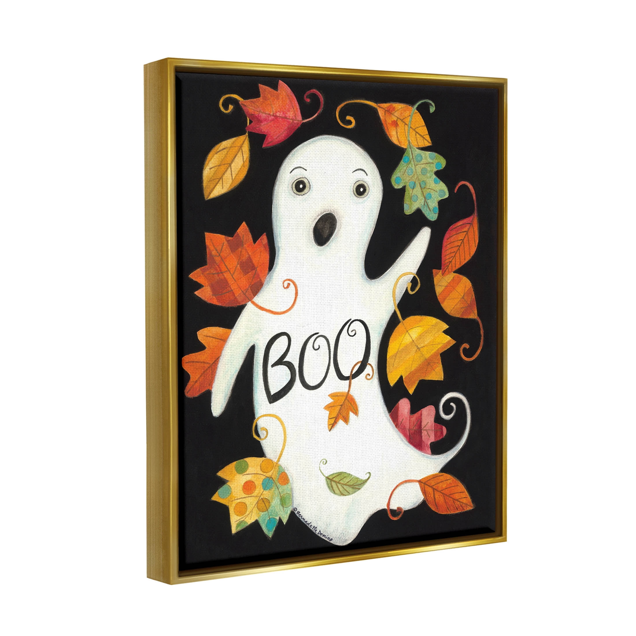Vintage Boo Ghost Patterned Leaves Holiday Graphic Art Metallic Gold Framed Art Print Wall Art