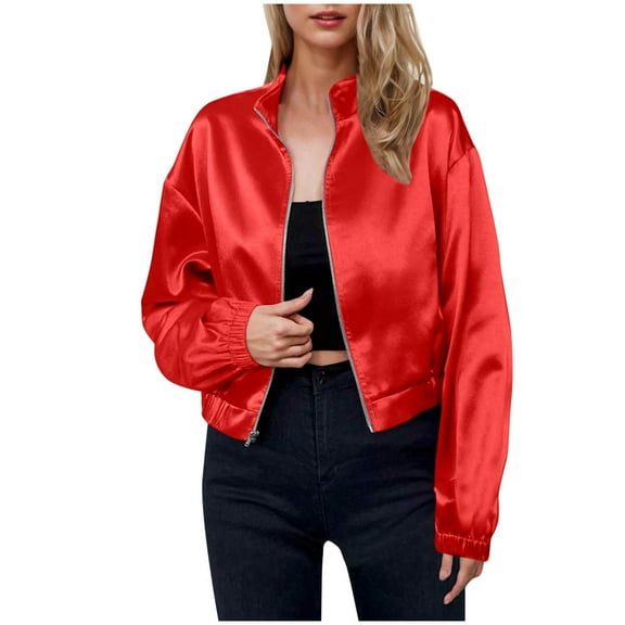 Kaemgyyd Womens Satin Jacket Fall Spring Long Sleeve Silk Coat Lightweight Stand Collar Zipper Cropped Shacket Jacket Outwear