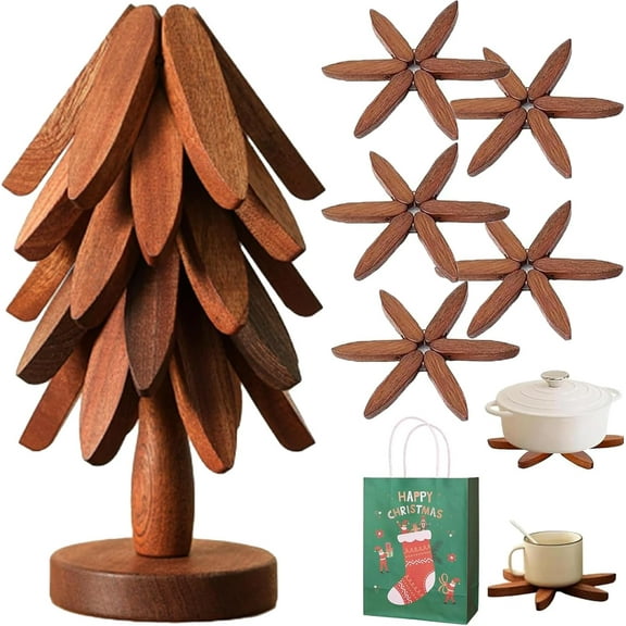 Minibee Tree Trivet Set – Premium Natural Tree Trivet Set with 5 Heat-Resistant Trivets & Tree Stand, Perfect for Kitchen and Dining Table