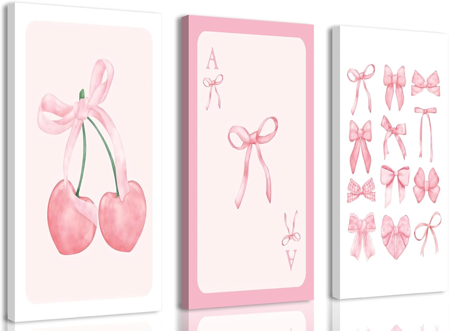 JANS.NO1 Pink Preppy Wall Art Set of 3 Framed Trendy Bow Posters Pastel Bows Cherry Canvas Prints Cute Girly Aesthetic Home Decor Watercolor Ribbon Painting Picture for Girls Bedroom Living Room