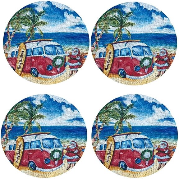 Tropical VW Vintage Surfer Bus Christmas Print 15” Round Braided Round Placemat Set by Lintex, 100% Cotton Thick Braided Holiday Place Mats , Set of 4 Christmas Placemats