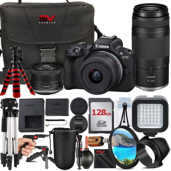 Canon EOS R50 Mirrorless Camera with RF-S 18-45mm   75-300mm Lens   128GB Memory Card   Case   Tripod   SV Premium Accessory Bundle (International Version)