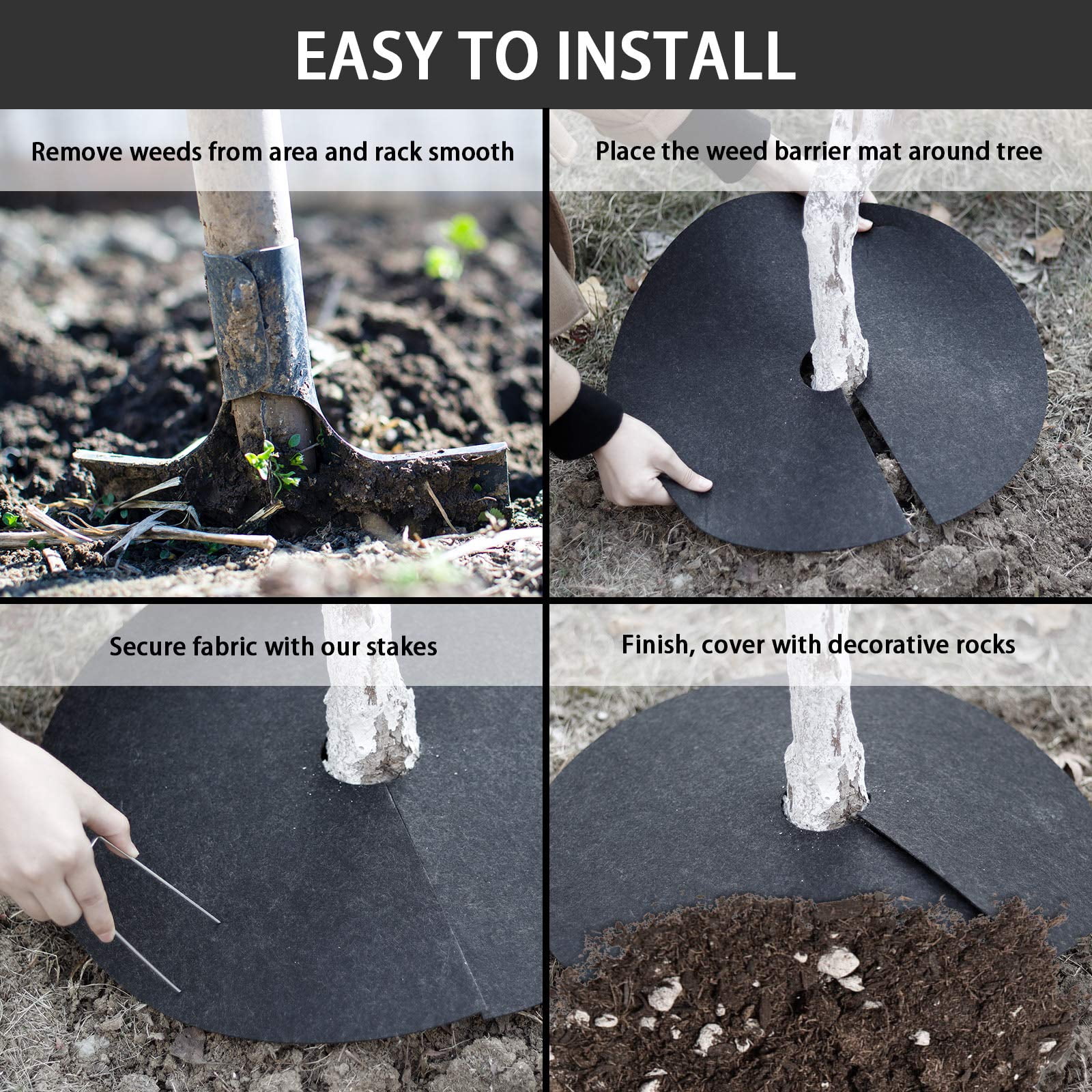 Tree Mulch Ring Weed Control, Non-Woven Degradable Tree Protector Weed Barrier Mat Landscape Fabric with Stakes