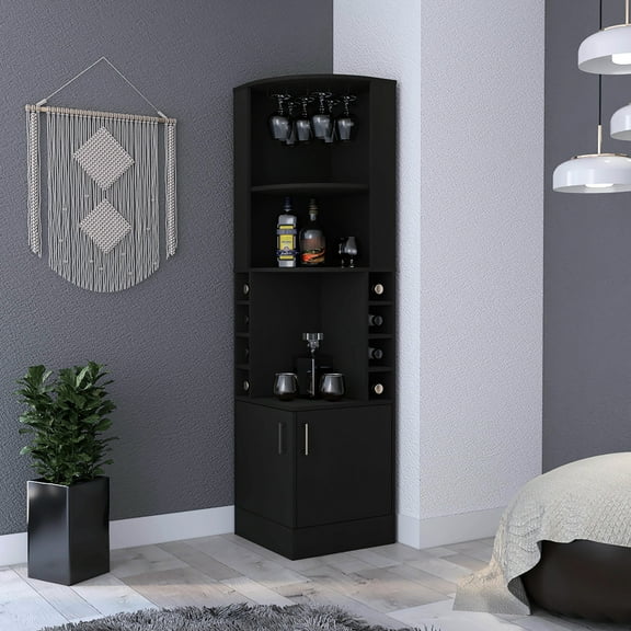 Black Corner Bar Cabinet - Double Door, 8 Built-in Wine With Glass Shelf Unit Door And 8-wine Rack Display