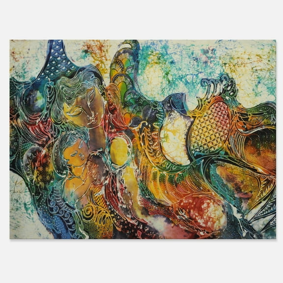 Child With Mother With Batik 12 in x 8 in Painting Canvas Art Print, by Designart