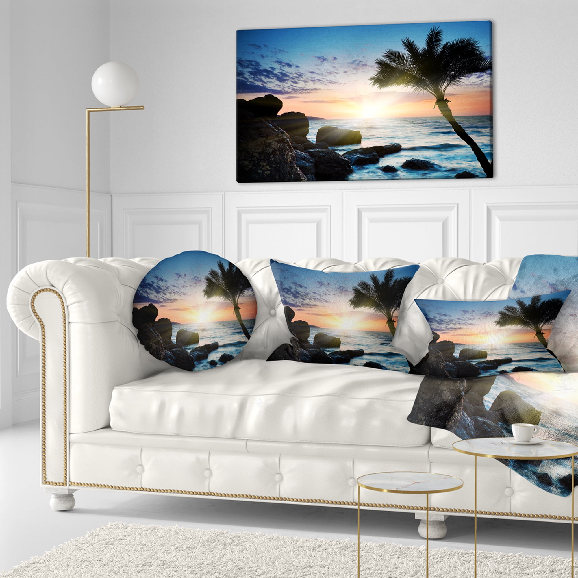 Designart Lonely Palm Tree on Rocky Beach - Modern Seashore Throw Pillow - 12x20