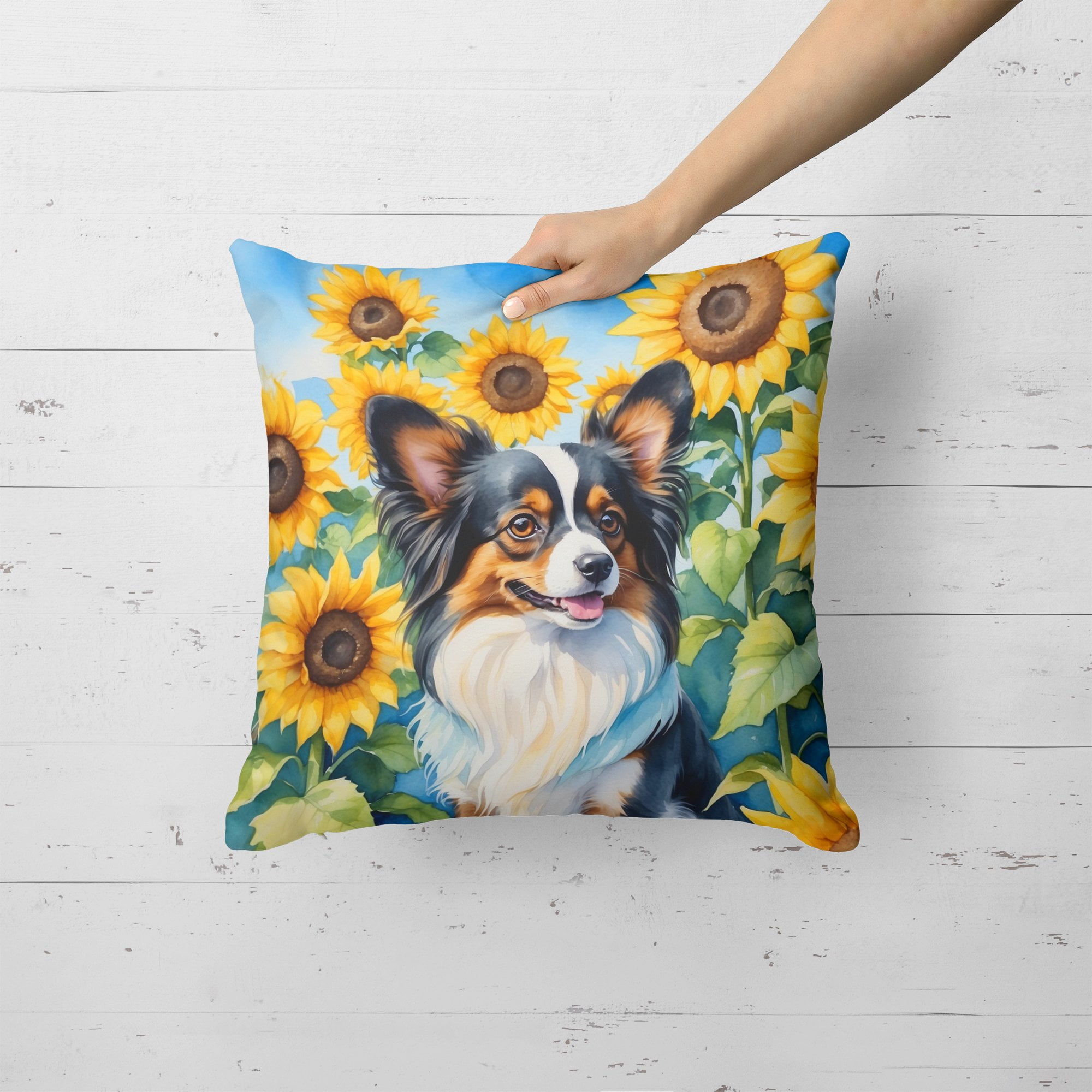 Papillon in Sunflowers Throw Pillow 18 in x 18 in