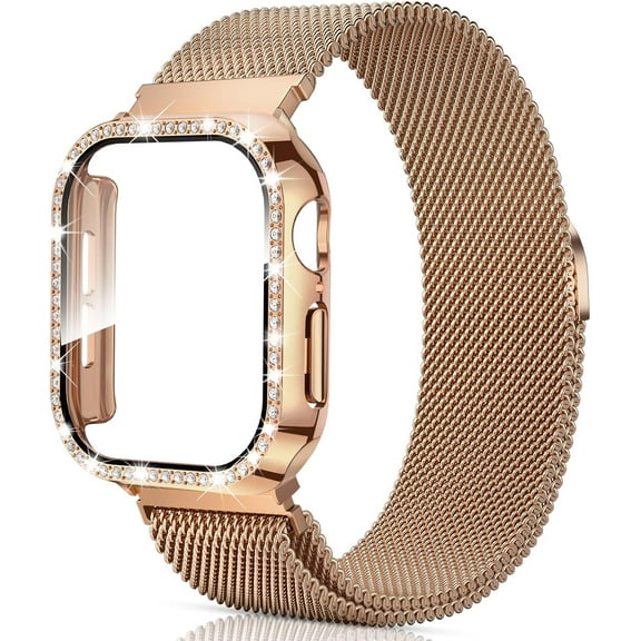 EIKODO-Mesh Loop with Bling Case Compatible with Apple Watch Band 38mm 40mm 41mm 42mm 44mm 45mm 46mm, Stainless Steel Metal Strap with Cover for iWatch Series 10 9 8 7 6 5 4 3 2 1 SE for Women