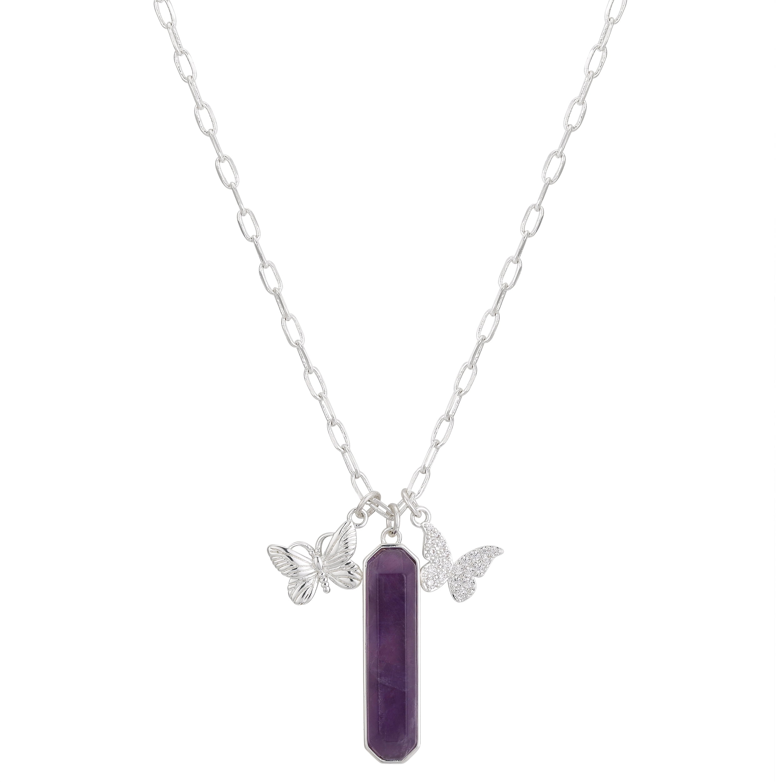 Fine Silver Plated Amethyst Cubic Zirconia Butterfly Charm Pendant Necklace, 18+2' Extender