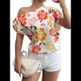 thumbnail image 2 of Blusa de Verano con Estampado Floral Fruncido y Hombros Descubiertos para Mujer. Rojo L, 2 of 10