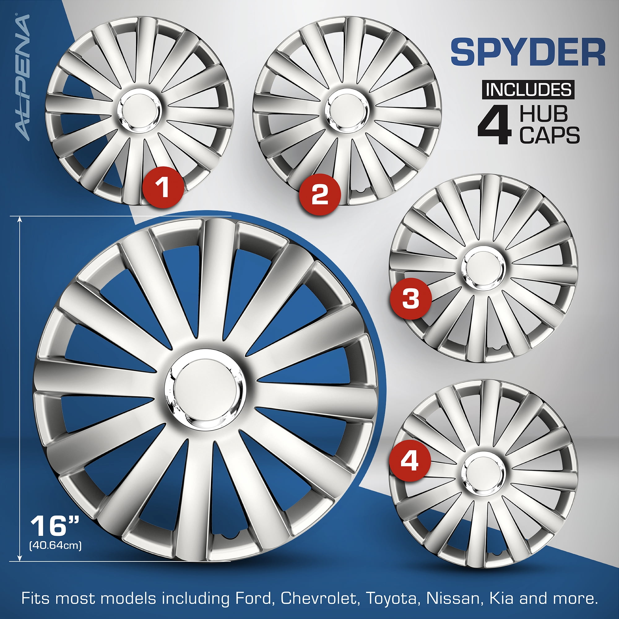 Alpena 16" Spyder Pro Wheel Covers, Silver, set of 4