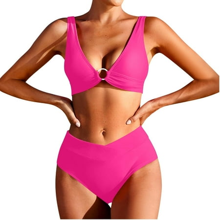 Sakmal High Waisted Bathing Suit Pink Bikinis Two Piece Sets Tummy Control Swimwear Triangle Push Up Swimsuit Sets