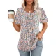 thumbnail image 1 of Tops de empalme de manga corta plisados para mujer, de Color sólido Jersey de rayas con cuello redondo, camiseta femenina, camisetas informales cómodas de verano, 1 of 5