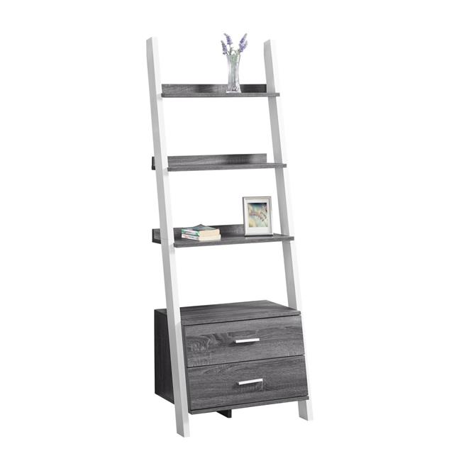 69 in. Ladder Bookcase with 2 Storage Drawers, Grey & White