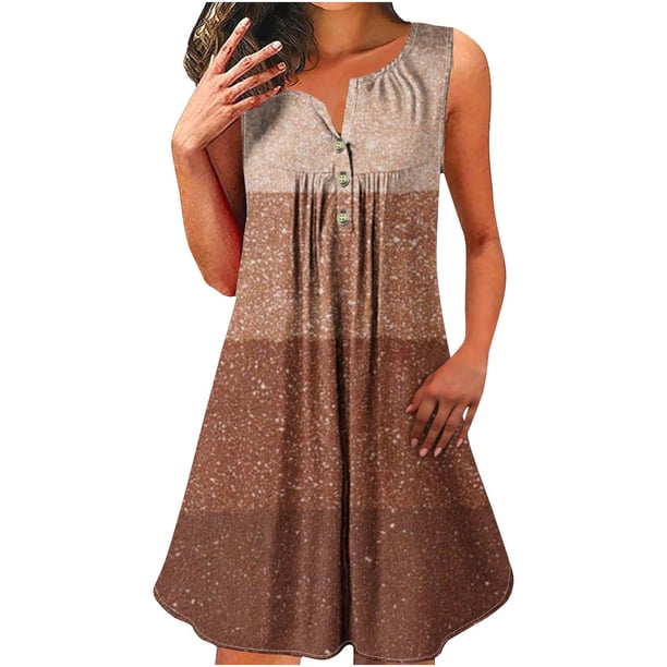 Vestido sin Mangas para las Mujeres Fragmentado Flash de Colores Impreso Botón Suéter Cuello Redondo Vestido, Vestido de Fiesta de Poliéster para Diario, Muestra Caso