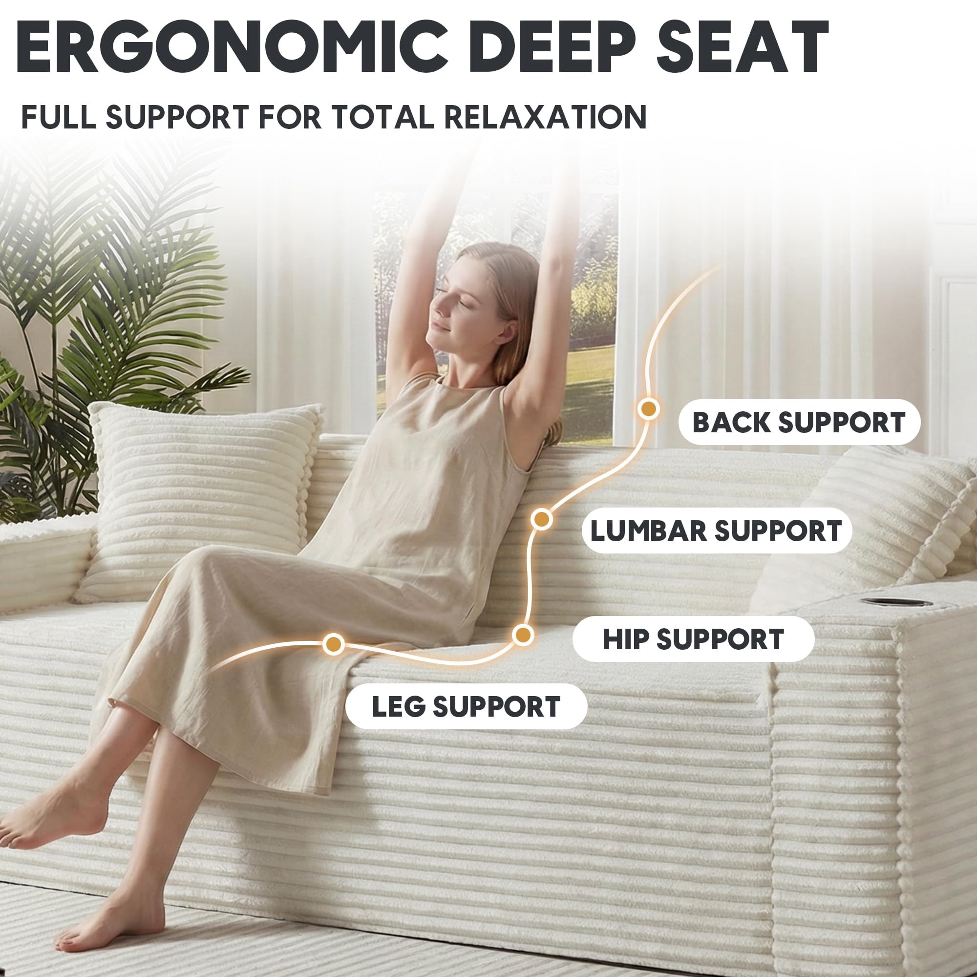 Aukfa 3 Piece Boneless Couch Set, Cloud Sofa Armchair w/ 2 Cup Holders&Storage Pockets for Living Room, Corduroy, White