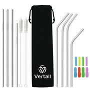 Stainless Steel Drinking Straws, Set of 8 (4 Straight & 4 Bent, 8.5" & 10.5”), Includes 2 Cleaning Brushes, 4 Silicone Tips & Storage Bag, FDA Approved Metal by Vertall