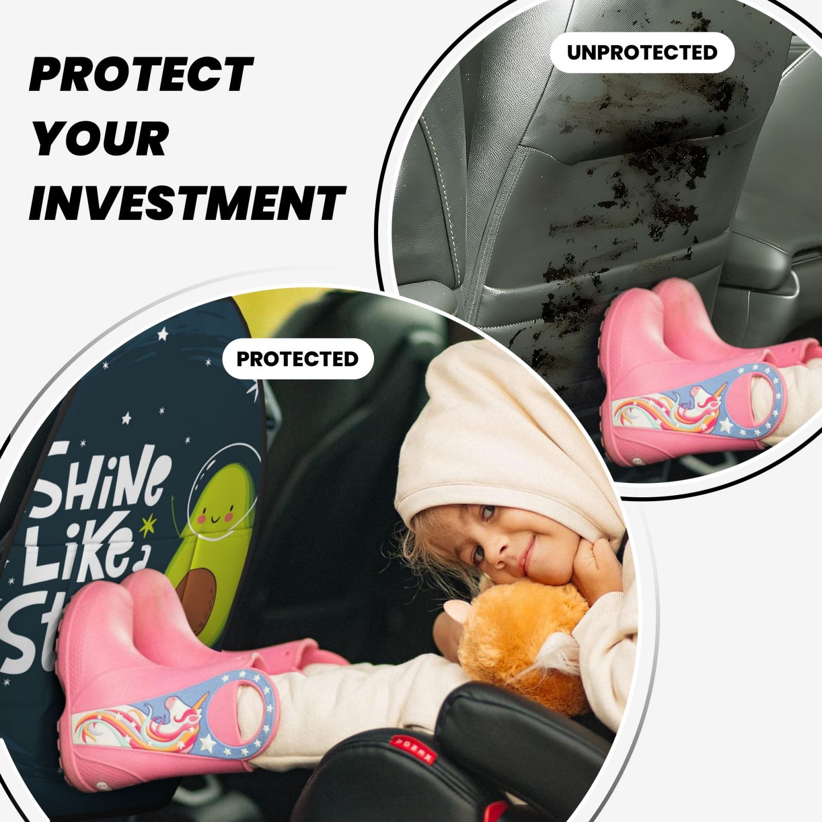 Xecao Avocado in Space1 Pattern Car Seat Back Protector 2 Pack Large Capacity Pocket, Kick Mats Back Seat Protector