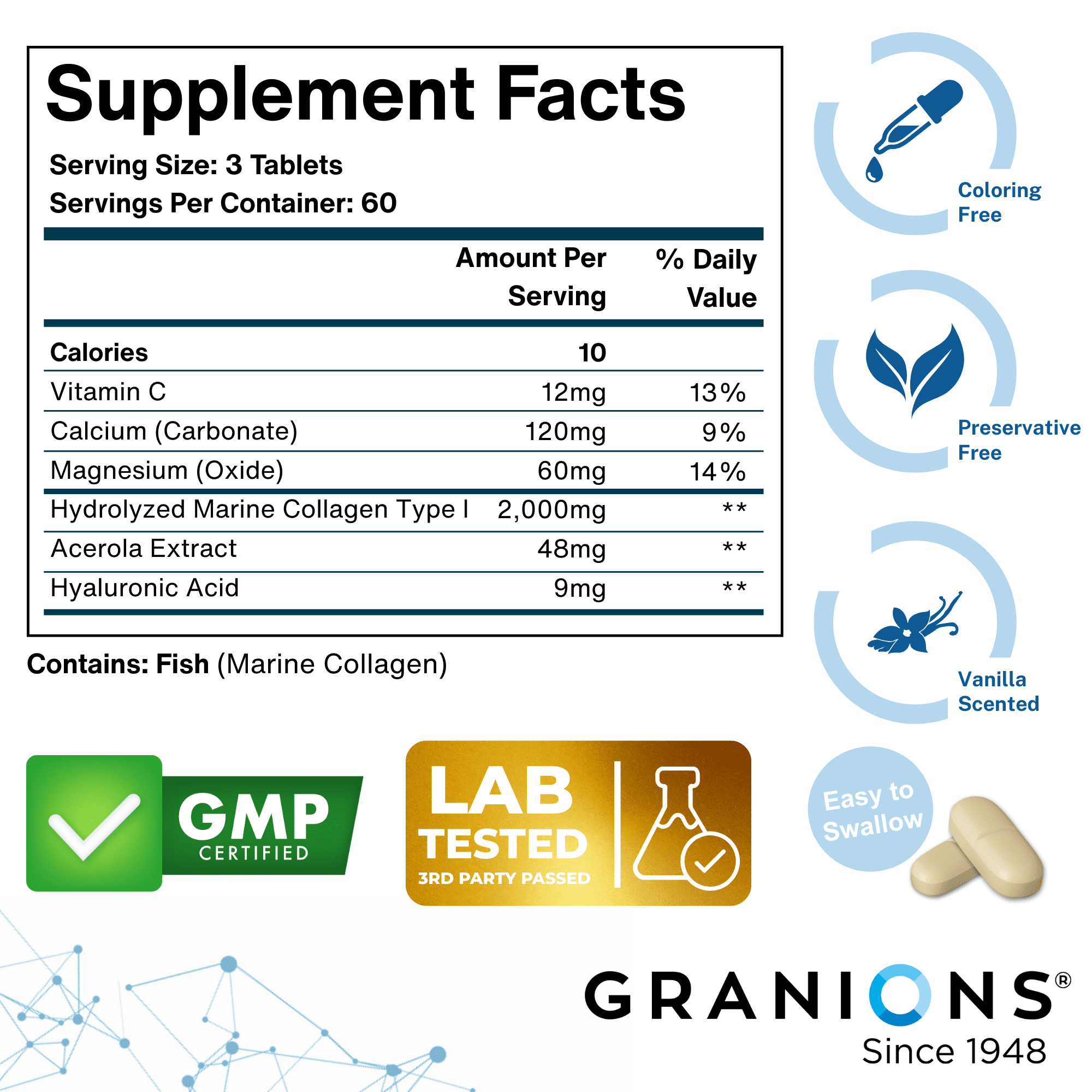 Granions Marine Collagen Pills Vanilla, Collagen + Hyaluronic Acid + Vitamin C, 180 Tablets