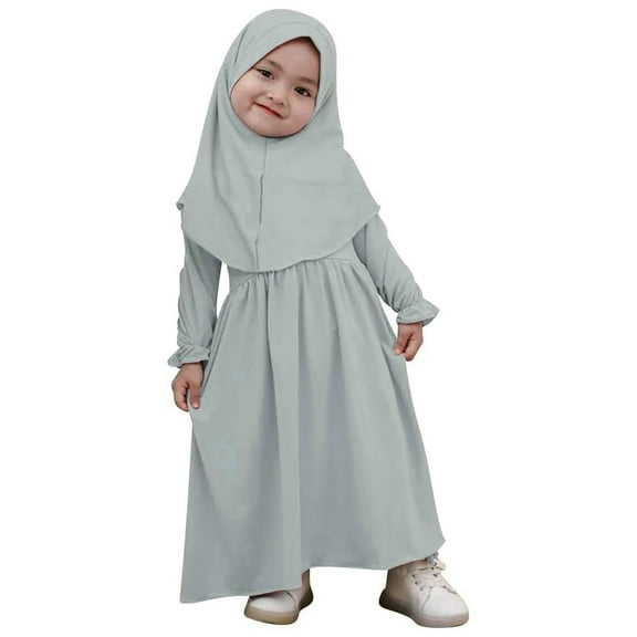 Girls Prayer Dress for Muslim Kids with Long Headscarf Long Sleeve Islamic Robe Clothes 0-5t