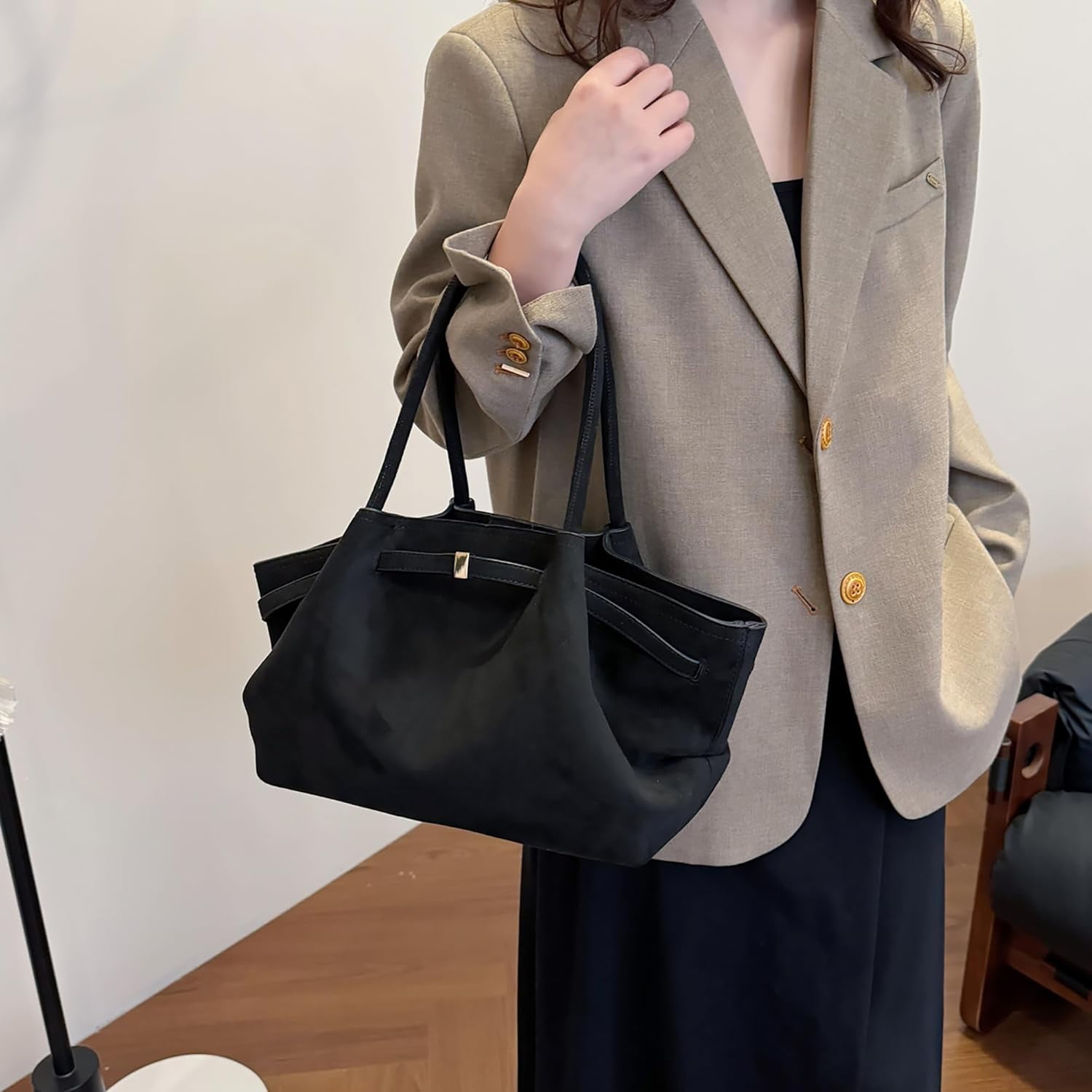Kwuty Faux Suede Tote Bag for Women, Hobo Handbag Women Vintage Shoulder Bag Purse for Work Office Travel（Black）