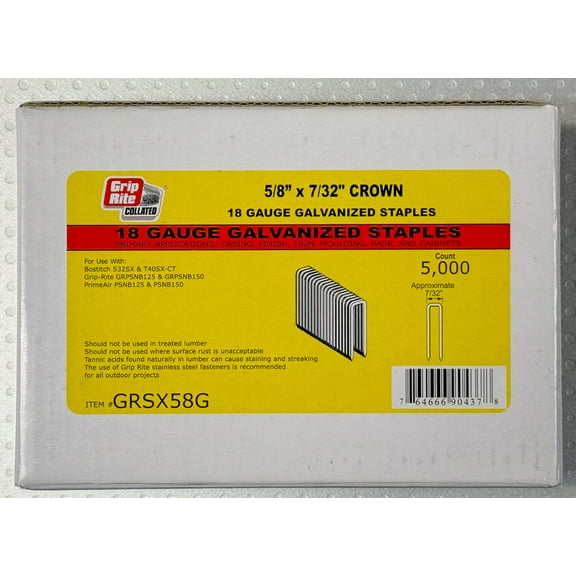Grip Rite 18 GA Galvanized Staples 5/8” Leg 7/32” Narrow Crown 5000ct NEW In Box