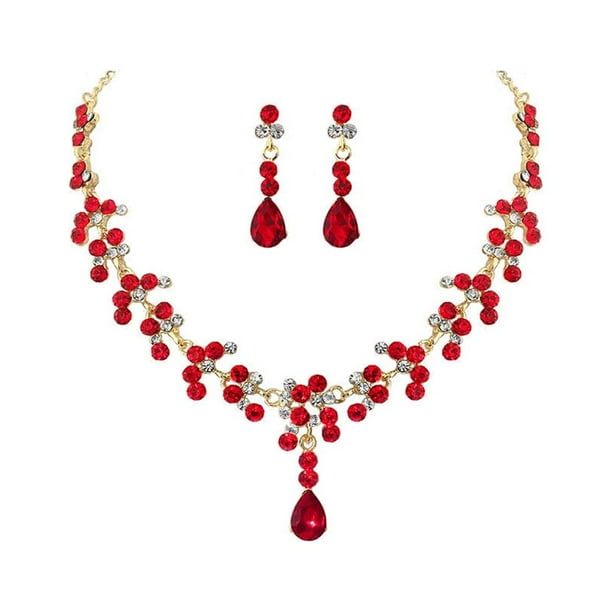 juego de collar y pendientes de moda para novia, joyas de diamantes de imitación, accesorios para vestido de novia para mujer (rojo)