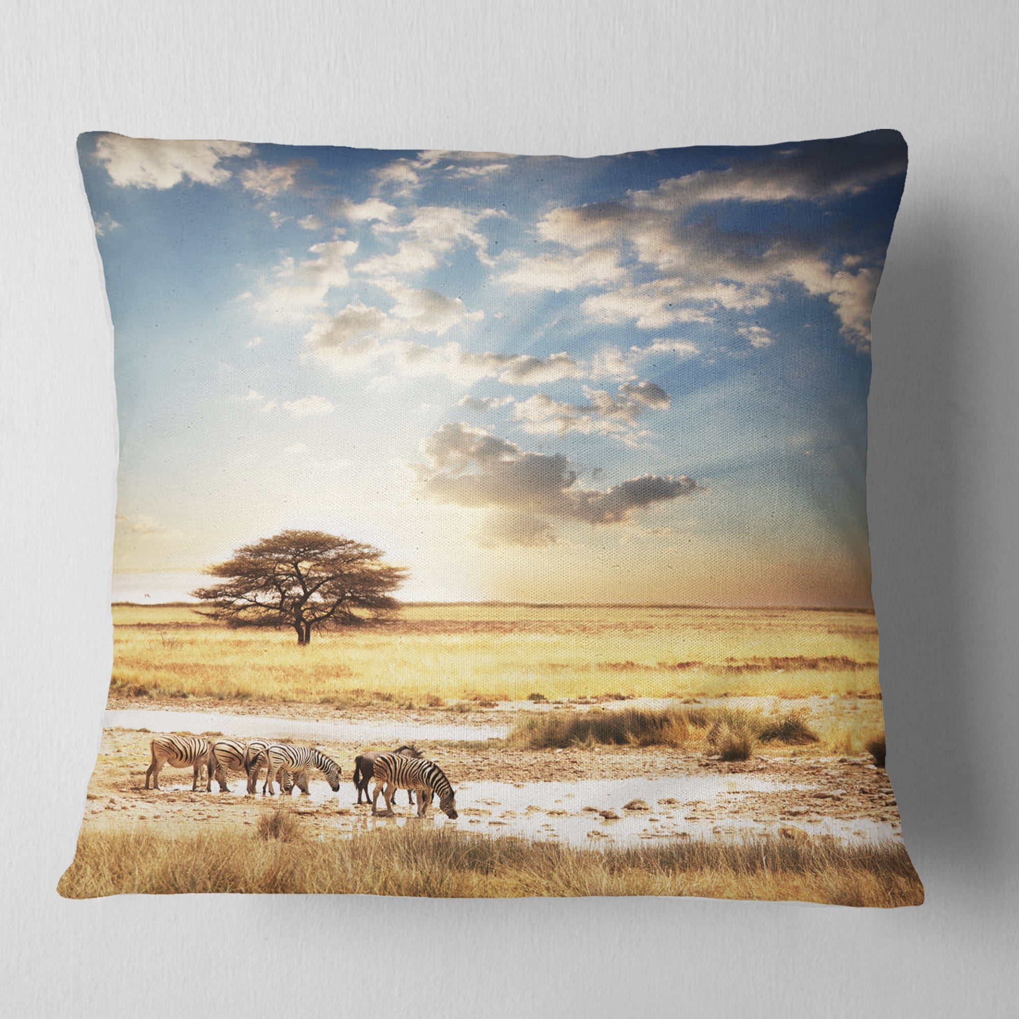 Designart African Zebras Drinking Water - African Throw Pillow - 18x18