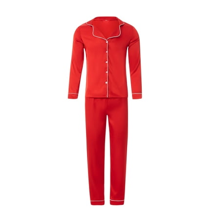 

hirigin Satin Face Parent-child Outfit Pajamas Lapel Long Sleeve Sleepwear