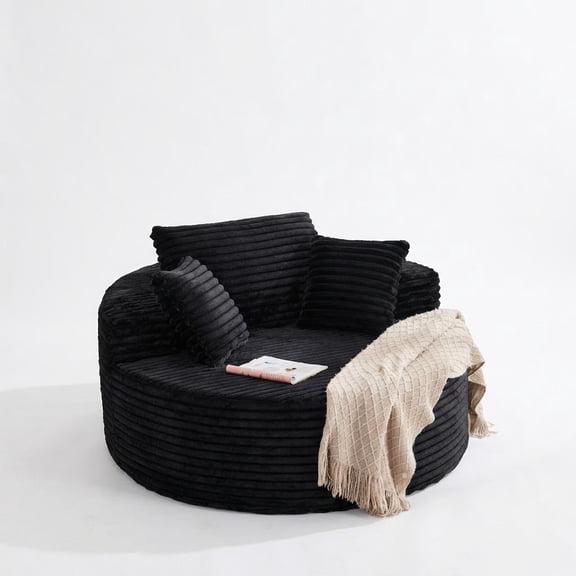 Oversized Round Chaise Lounge Chair 55×55 Inch, No Assembly Corduroy Boneless Sofa with Deep Seat & 4 Pillows for Living Room, Black
