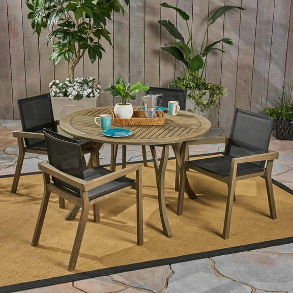 Dash Outdoor 5 Piece Acacia Wood and Mesh Round Dining Set, Gray, Black