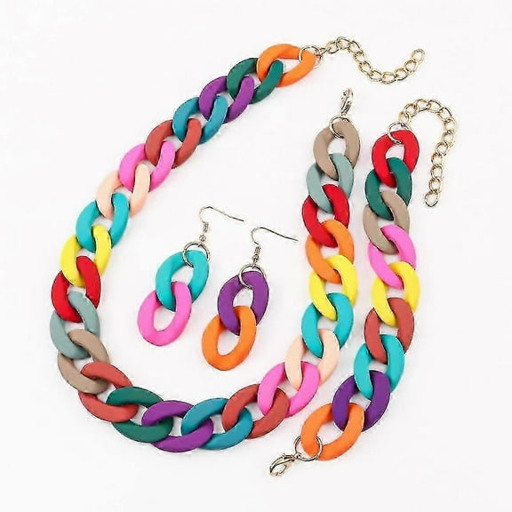 Bohemian Style Acrylic Necklace Set with Chunky Chain Choker Earrings and Bracelet for Women multicolor