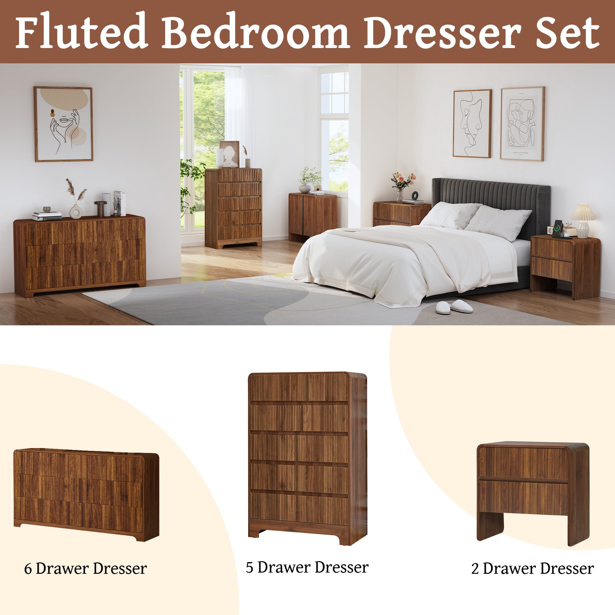 LEFHDA Fluted 5 Drawers Dresser for Bedroom, Mid Century Modern Storage Dressers, 45.3" Tall Wood Fluted Dressers Organizer for Bedroom, Living Room, Walnut Set of 2