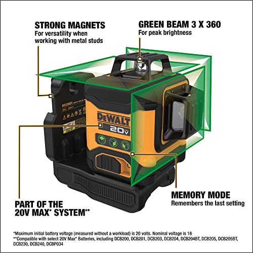 DEWALT 20V MAX Laser Level Kit Cross Line Laser 3x360 Green