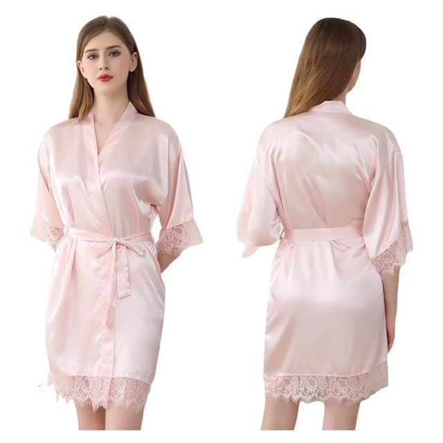 Bata de baño para mujer, bata de satén sexy tipo kimono con bolsillos, bata corta con cinturón, camisón para novia, ropa de dormir con encaje floral