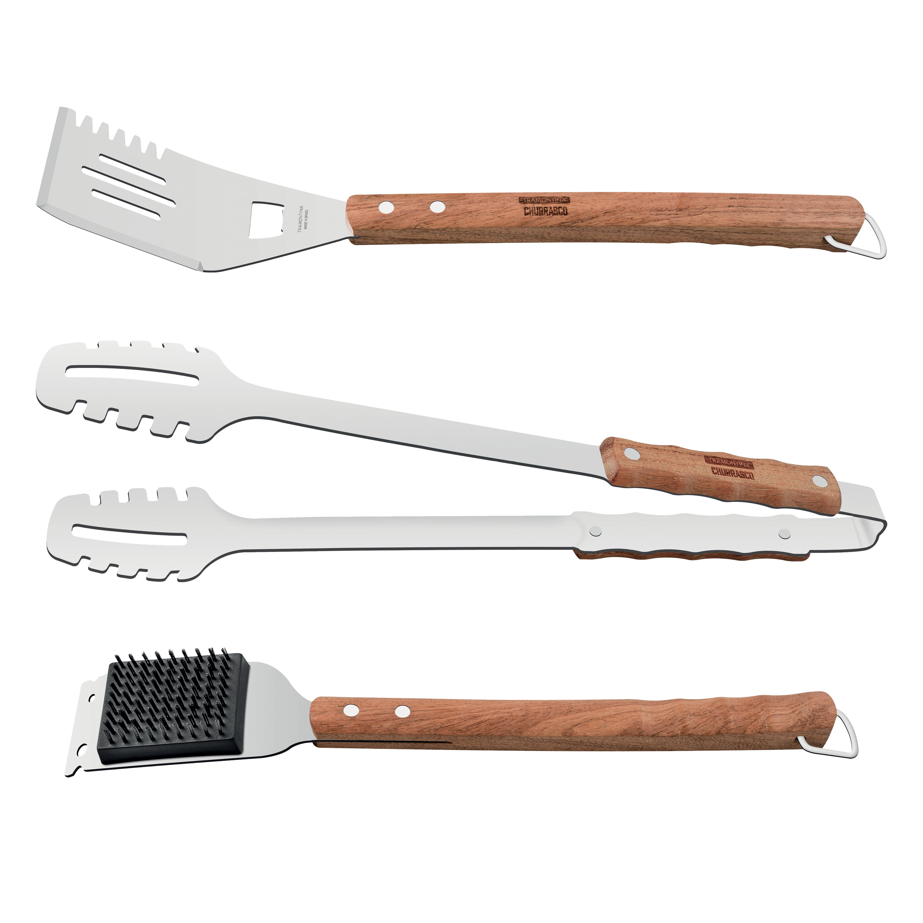 Tramontina Churrasco BBQ 3-Piece Stainless Steel BBQ Tool Set with Wood Handles, Includes Spatula, Tongs & Grill Brush