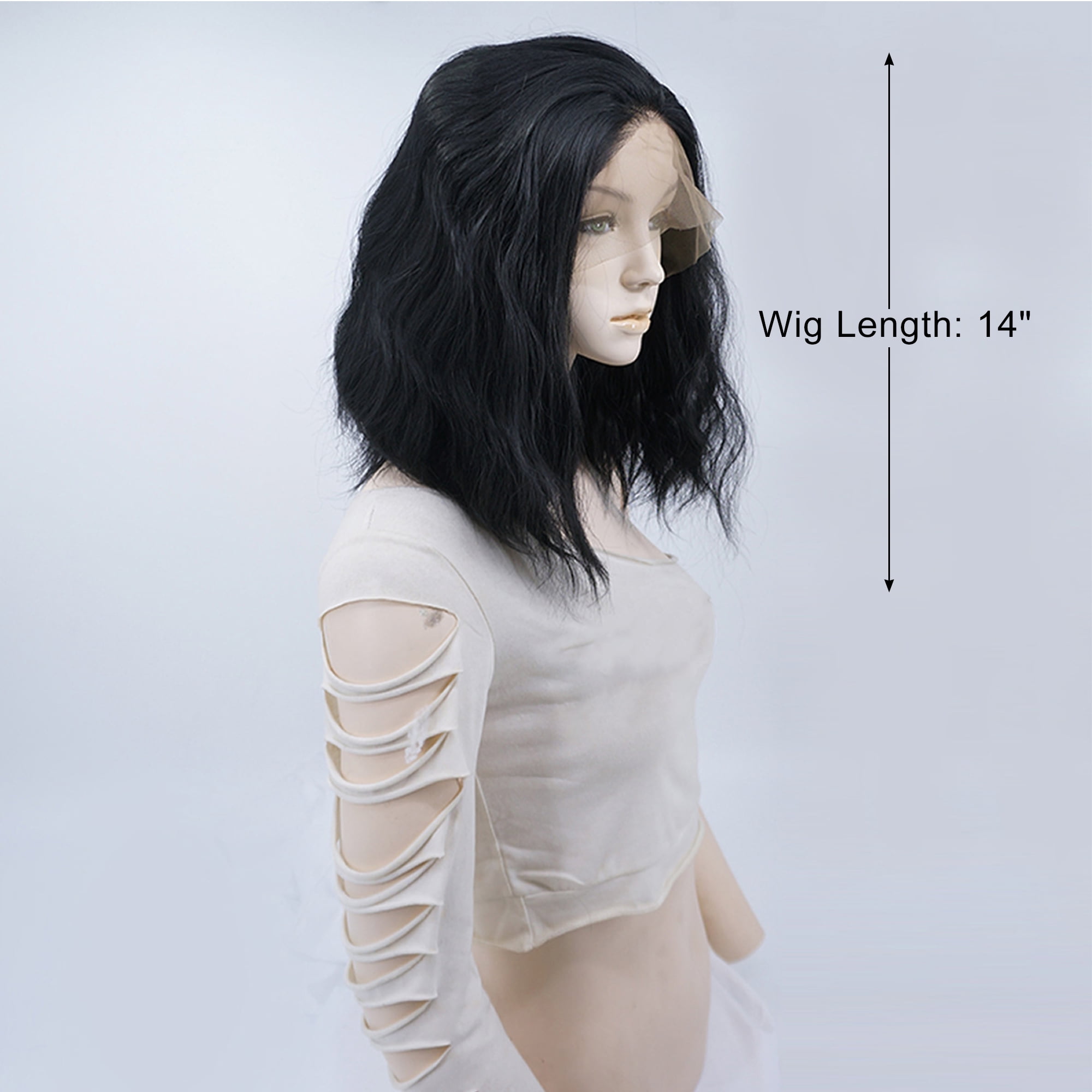 Unique Bargains Lace Front Wigs Medium Long Natural Curly for Lady Black 14" with Wig Cap