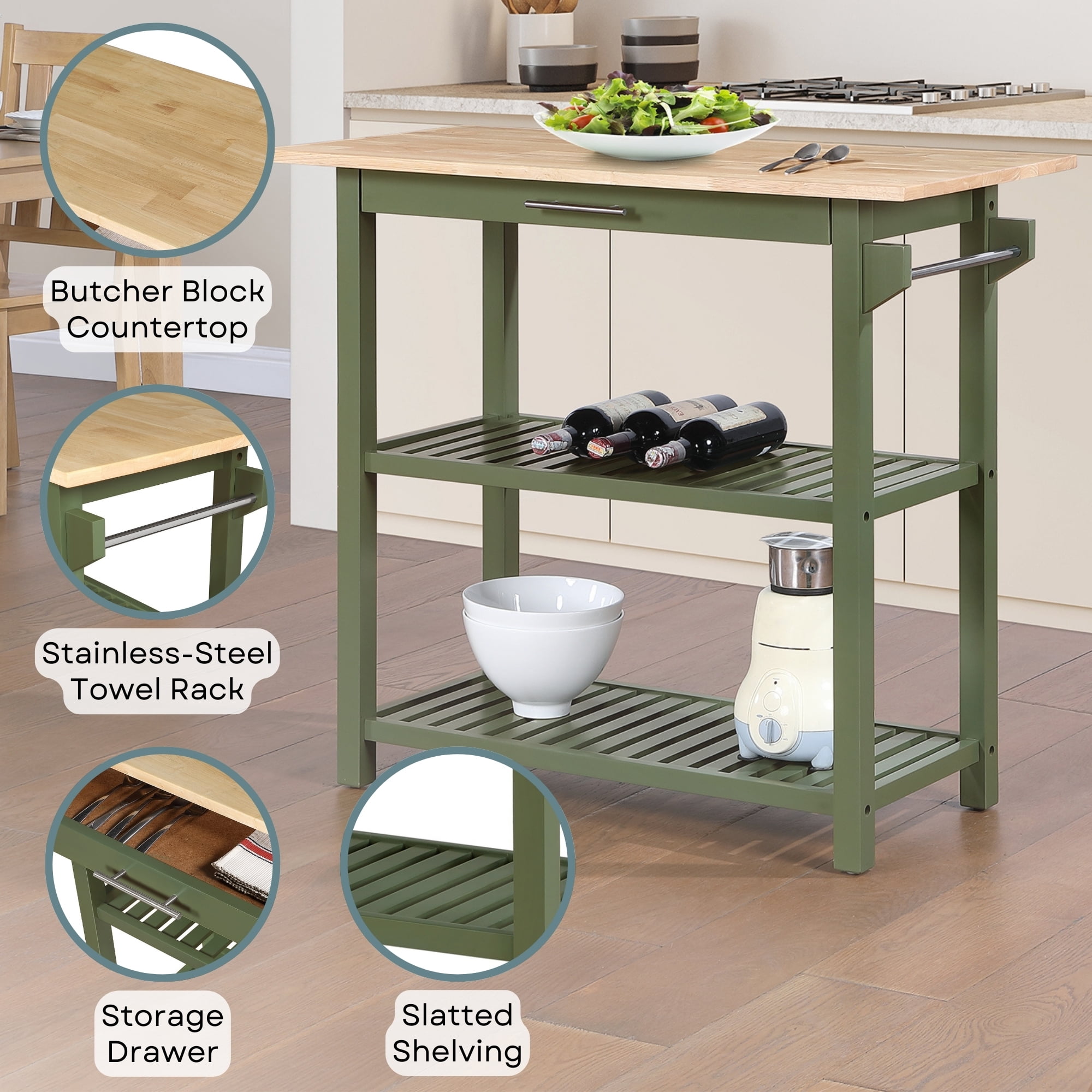 Convenience Concepts Designs2Go 3 Tier Butcher Block Kitchen Prep Island with Drawer, Dark Sage Green/Butcher Block