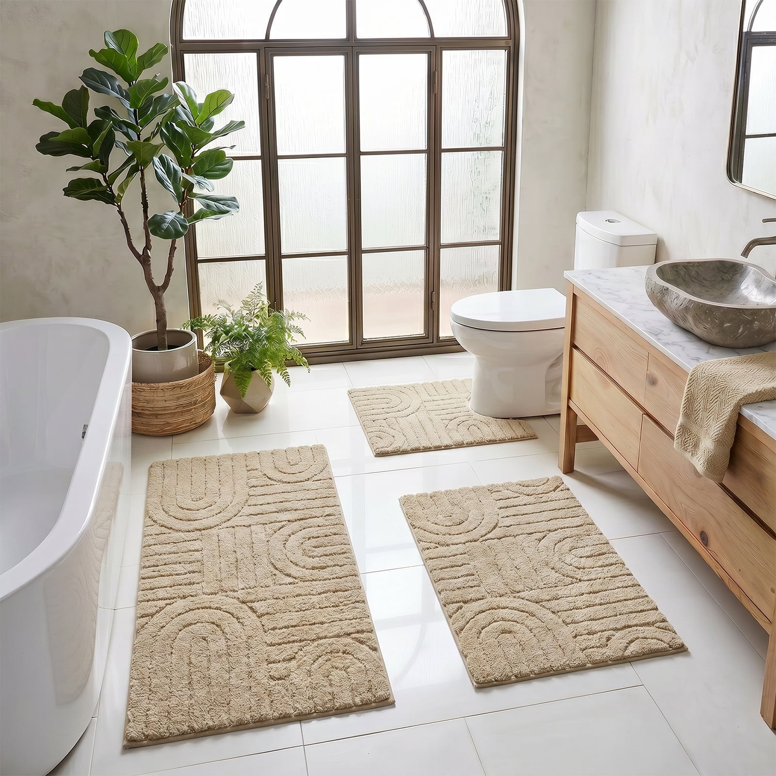 Aonewoe Bathroom Rug Set 3 Piece Microfiber Water Absorbent Bath Mats Washable Non Slip Bath and Toilet Rug Set for Shower Floor（Beige）