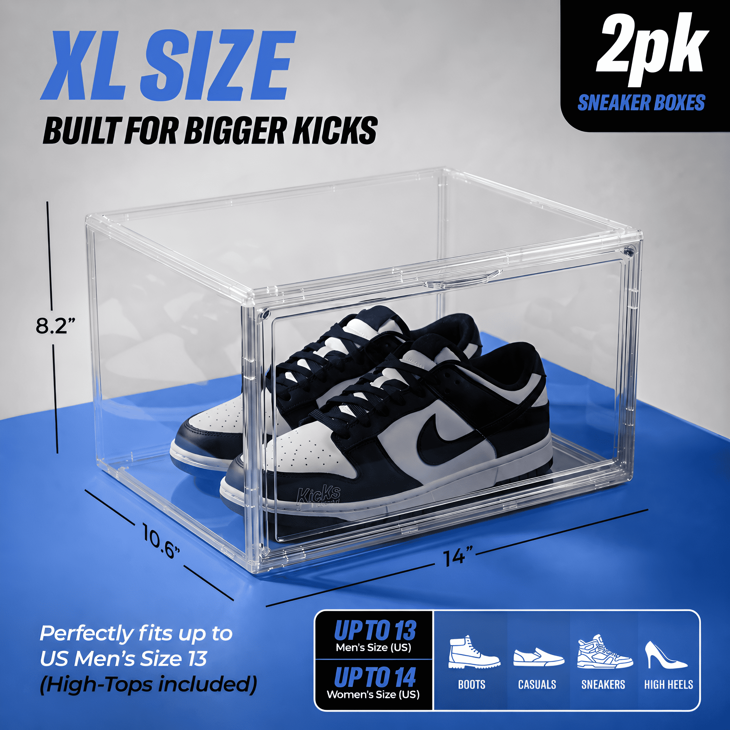 Kicks & Co XL Clear Plastic Shoe Storage Box, Stackable with Lids