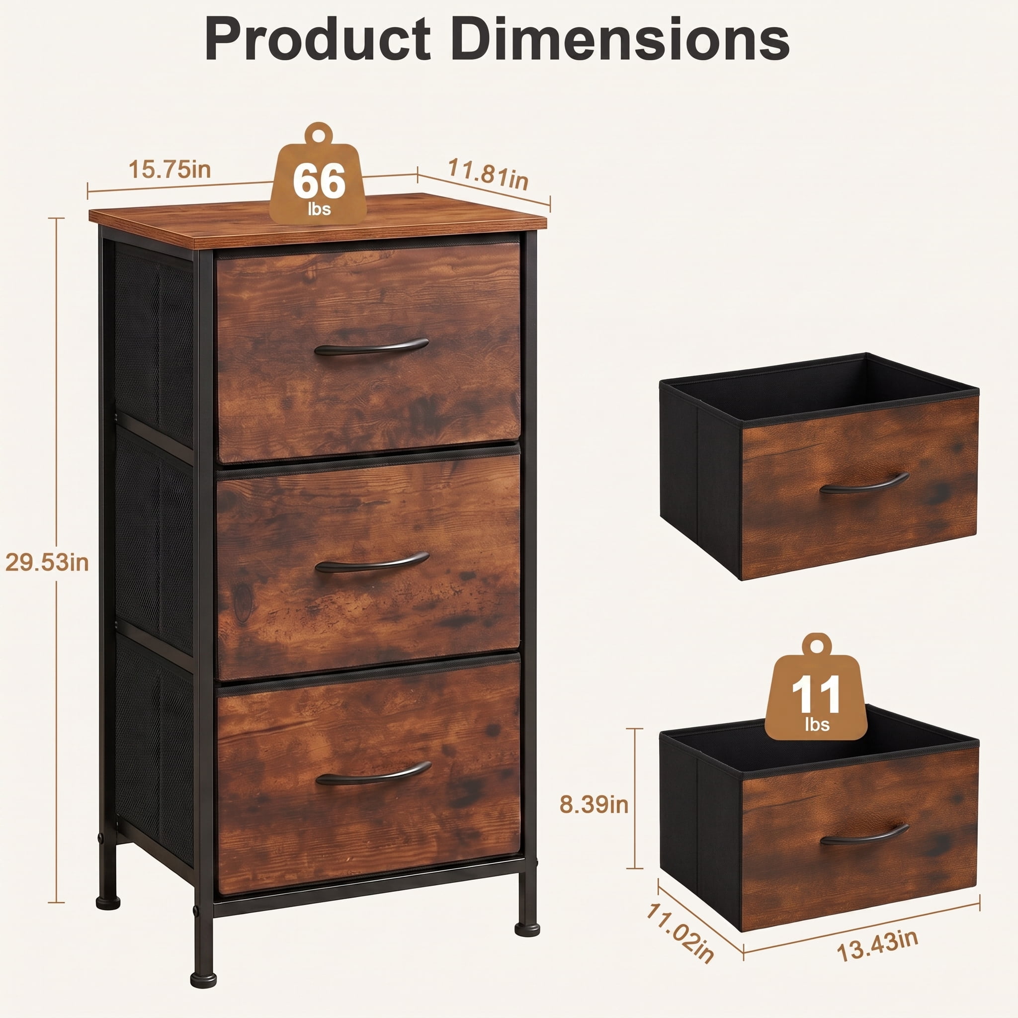 TrumanPick Fabric Storage Drawer Bedroom Dresser, Fabric Dresser for Closet, 3 Fabric Dresser with 3 Storage Drawers for Clothes, Living Room, Hallway, Entryway, Rust