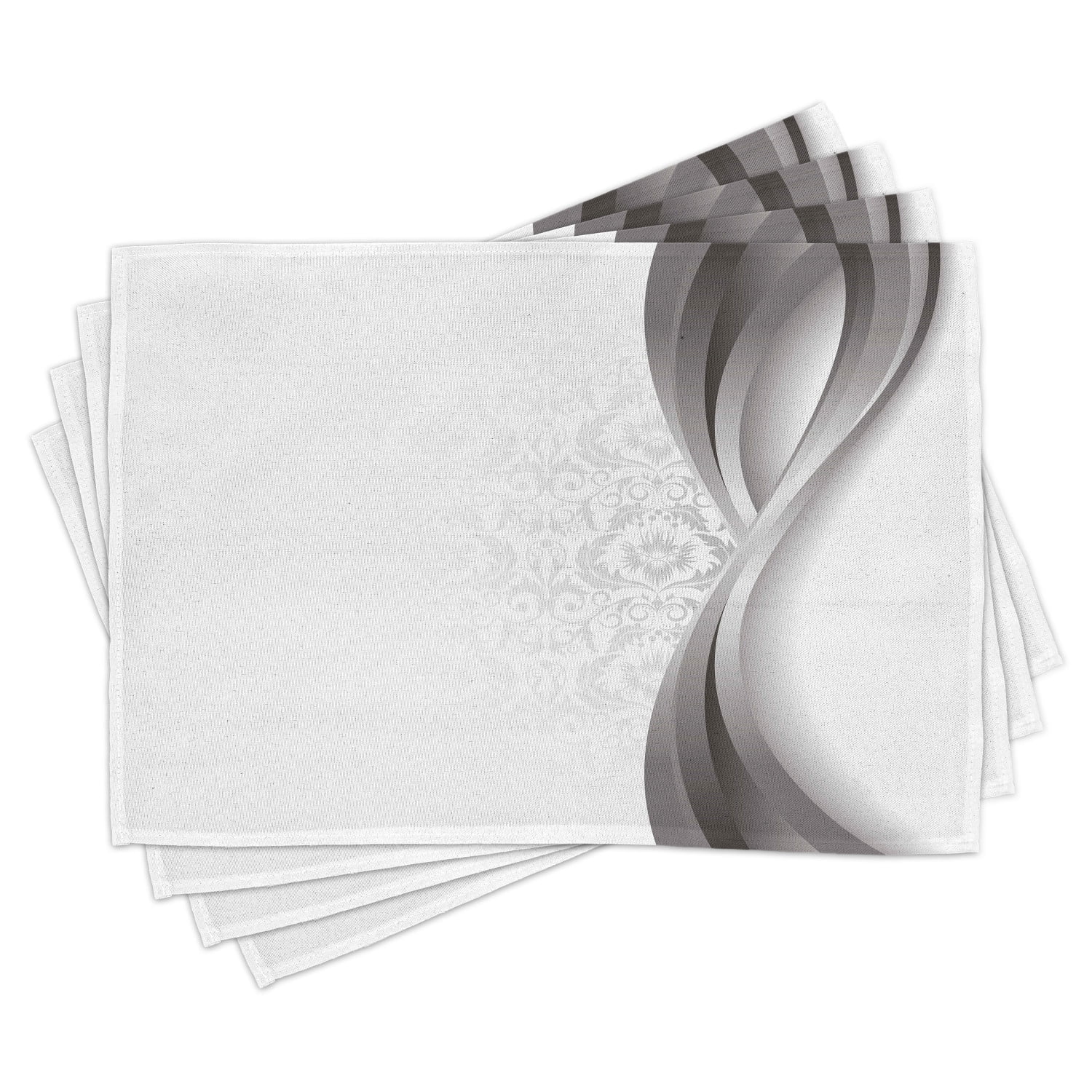 Grey Placemats Set of 4 Wavy Vertical Curved Stripes with Flowers and Leaves Vintage Damask