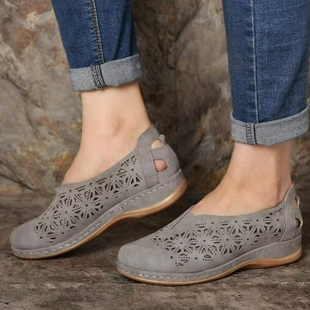 

Faux Leather Elastic Comfy Slip On Women s Hollow-Out Round Toe Flat Heel Flats Platform Non-Slip Shoes