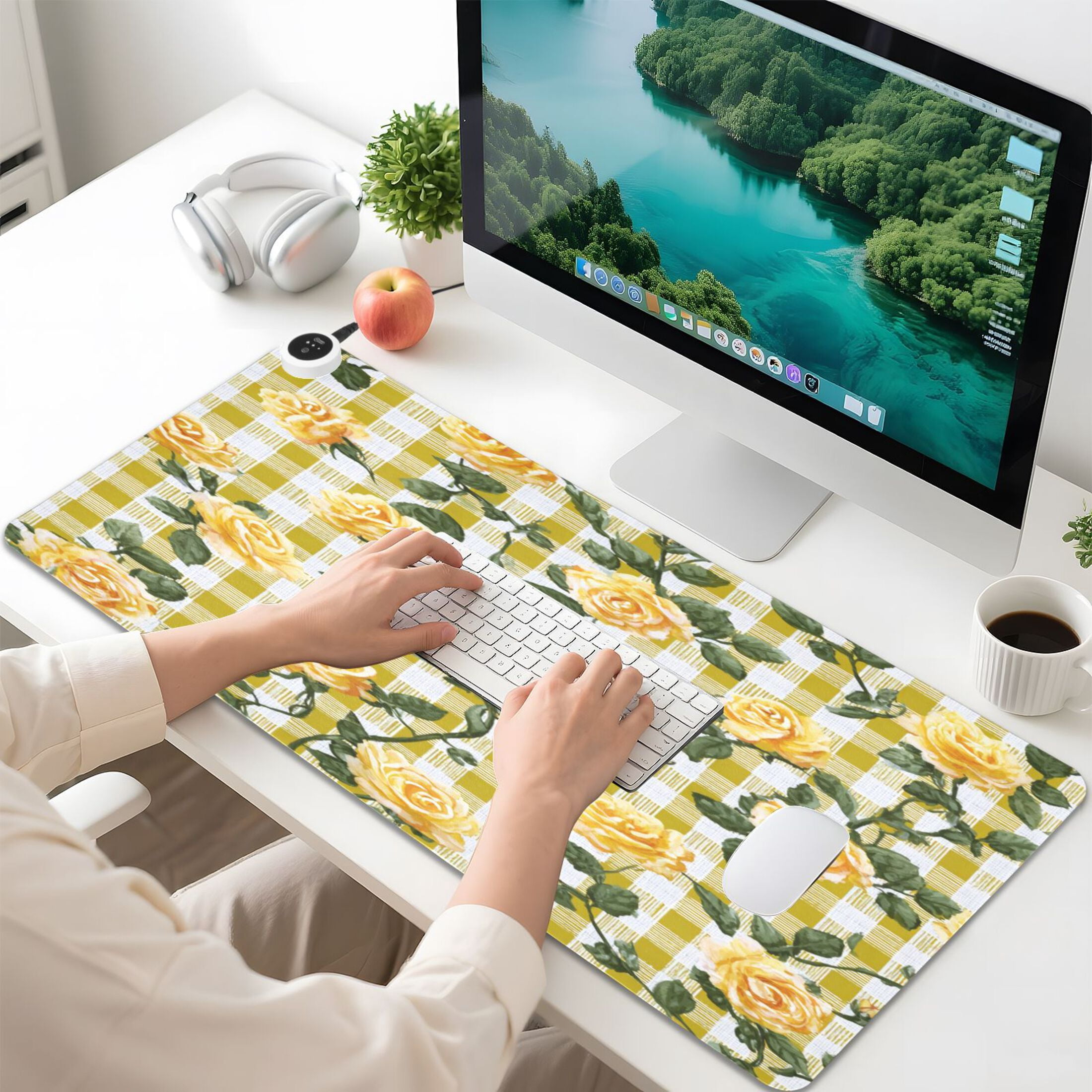 Large Heated Desk Mat Mouse Pad 31.5"x13"PU Leather Graphene Heating Desk Warmer with 3 Temperature Settings 110V US Plug Non-Slip Warm Pad for Home, Office, and Gaming Gingham Pattern Yellow Roses